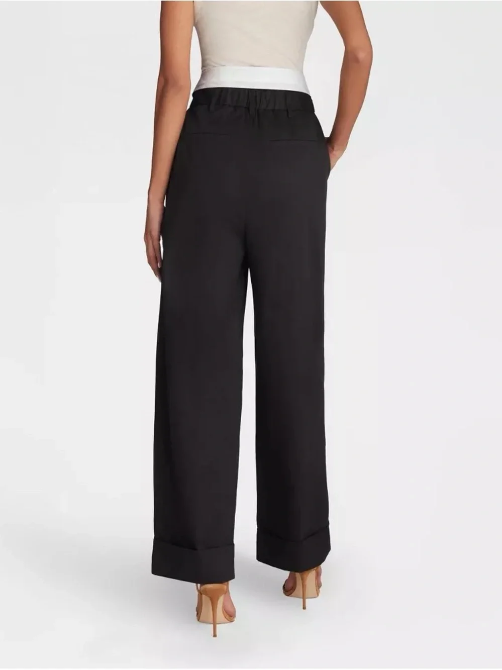 High-Rise Wide-Leg Black Pants with White Wrap Waistband b134s - Picture 2 of 4